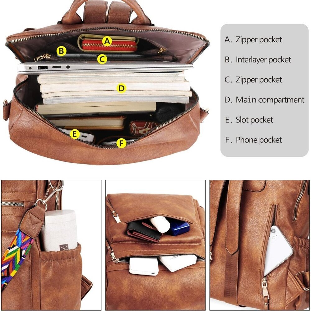 Women's Brown Purse Leather Fashion Travel Designer Ladies Shoulder Backpack - Picture 4 of 6